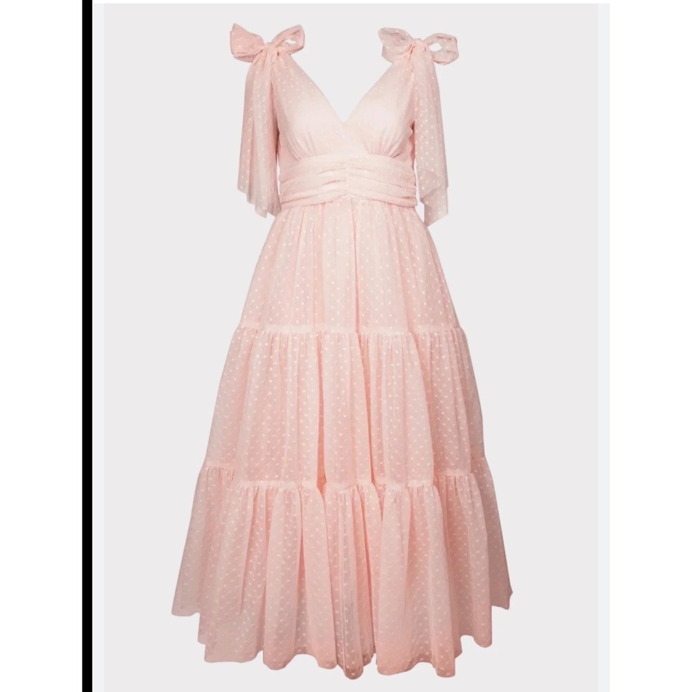 JessaKae Jeanne Pastel Pink Swiss Dot Tulle Bow Tiered Maxi Dress Woman's XS NWT